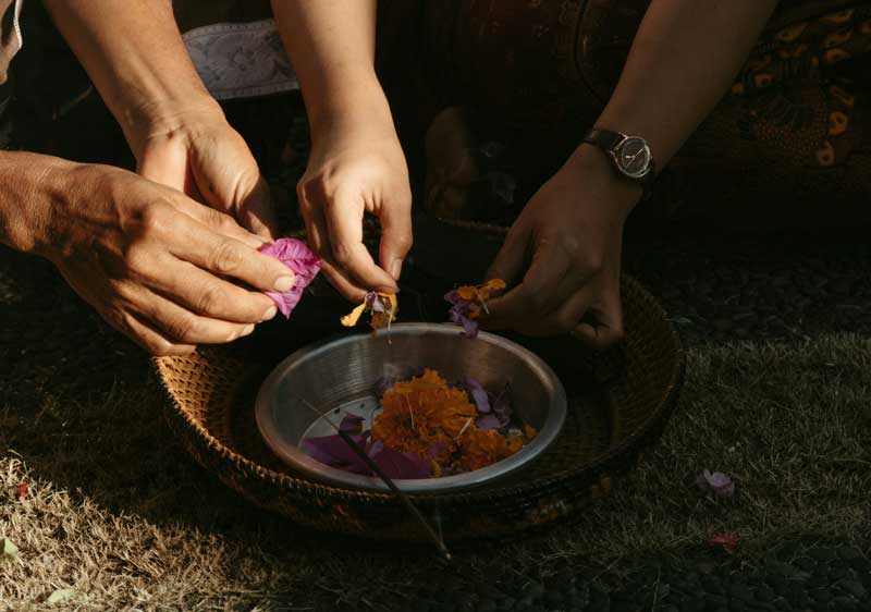 Couple's hands adding colorful flower petals to ceremonial bowl creating shared healing ritual together